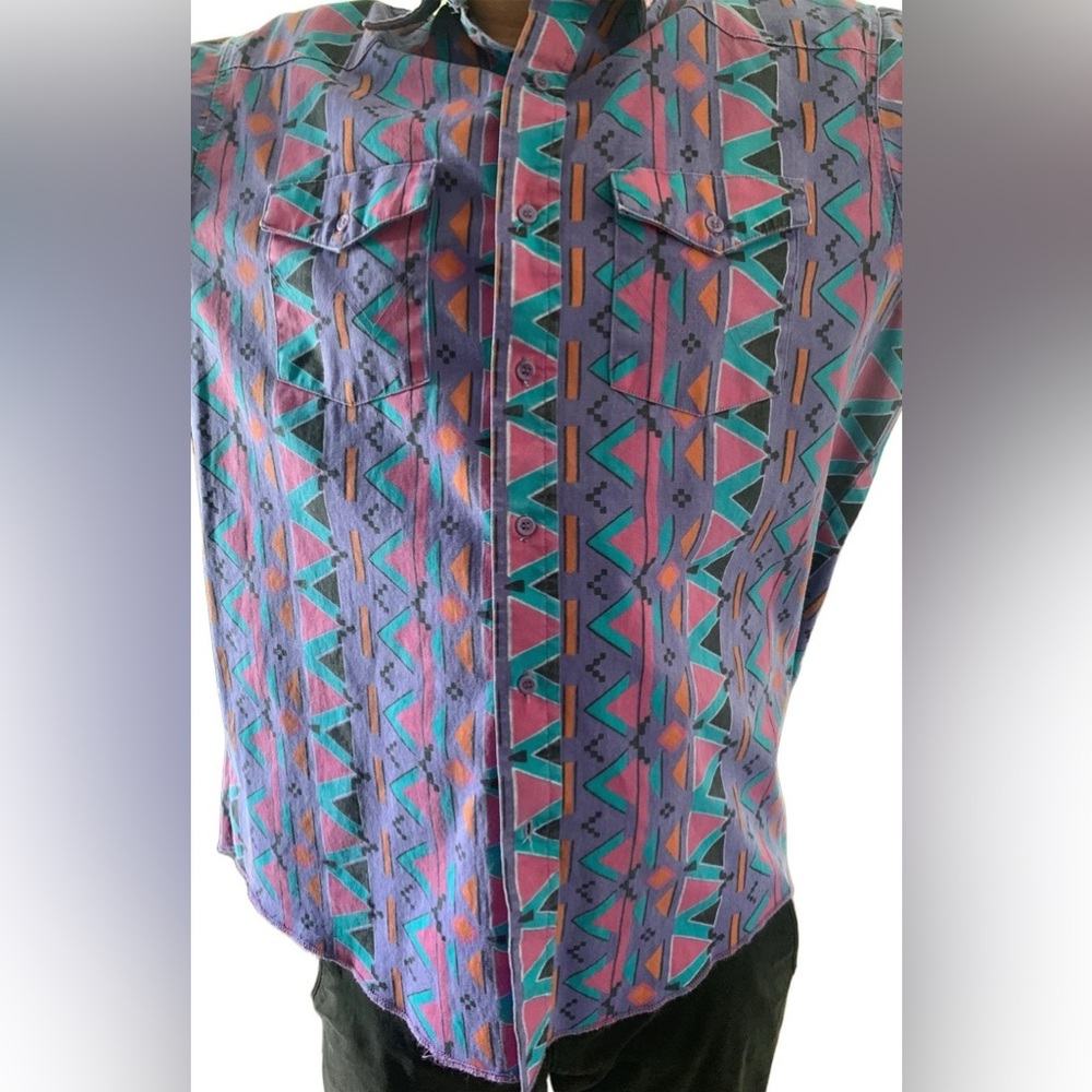 VINTAGE WRANGLER BRUSH POPPER GEOMETRIC SHIRT XLONG